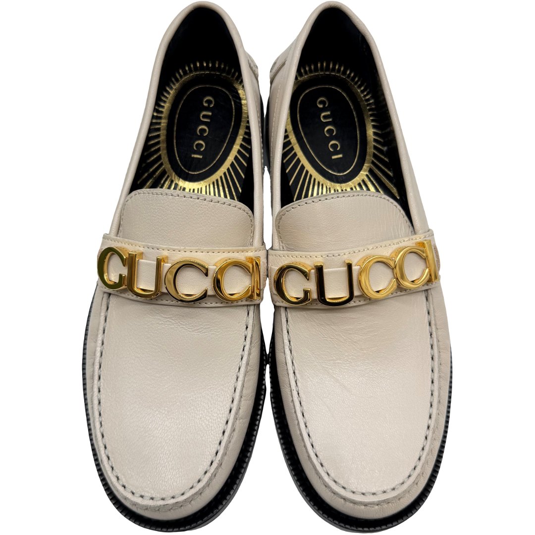 Authentic GUCCI Size:37 US:7 Logo Loafers 700036 White