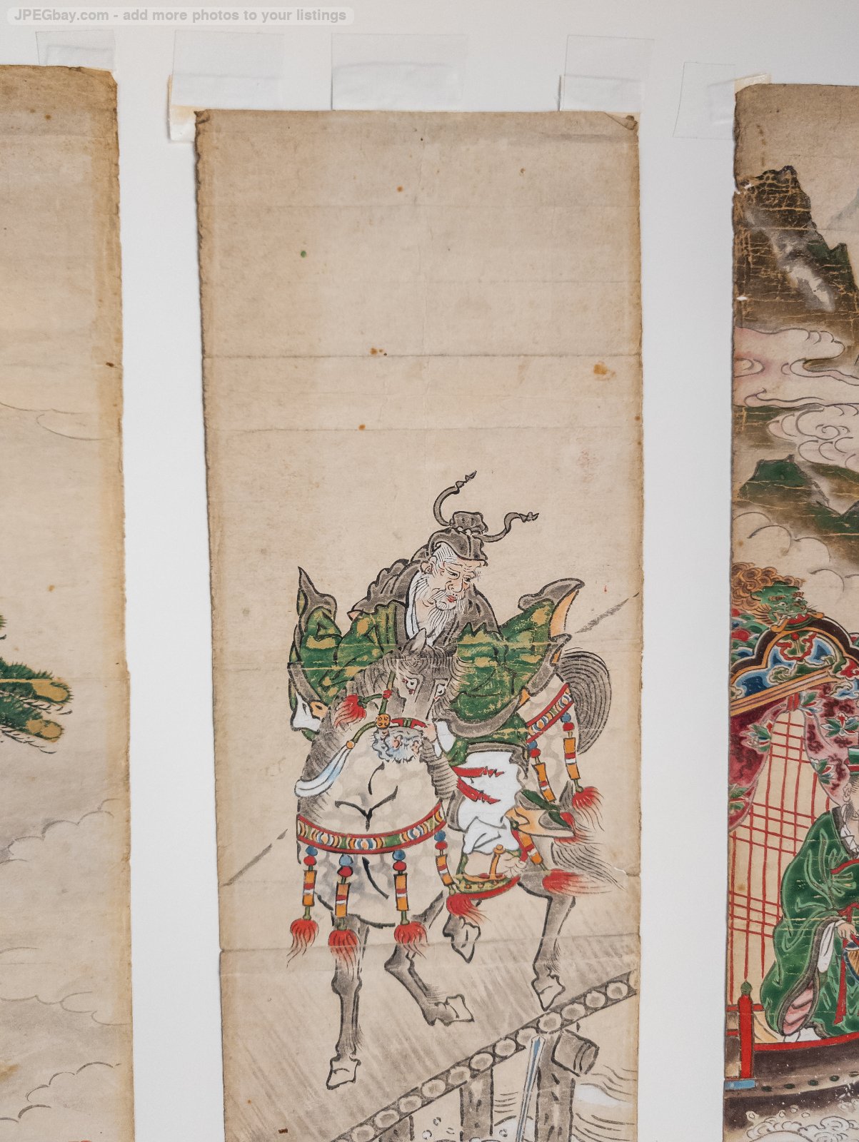 Antique Japanese Watercolor Triptych Painting With Warriors