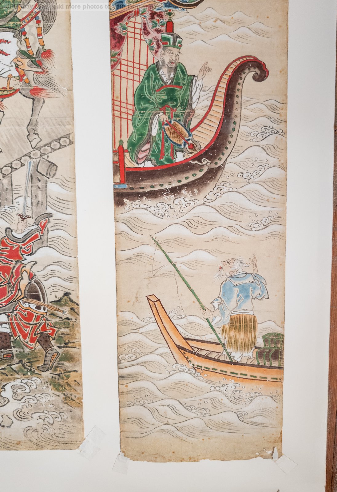 水彩画 トライシクルと僧侶 Antique Japanese Watercolor Triptych Painting With Warriors