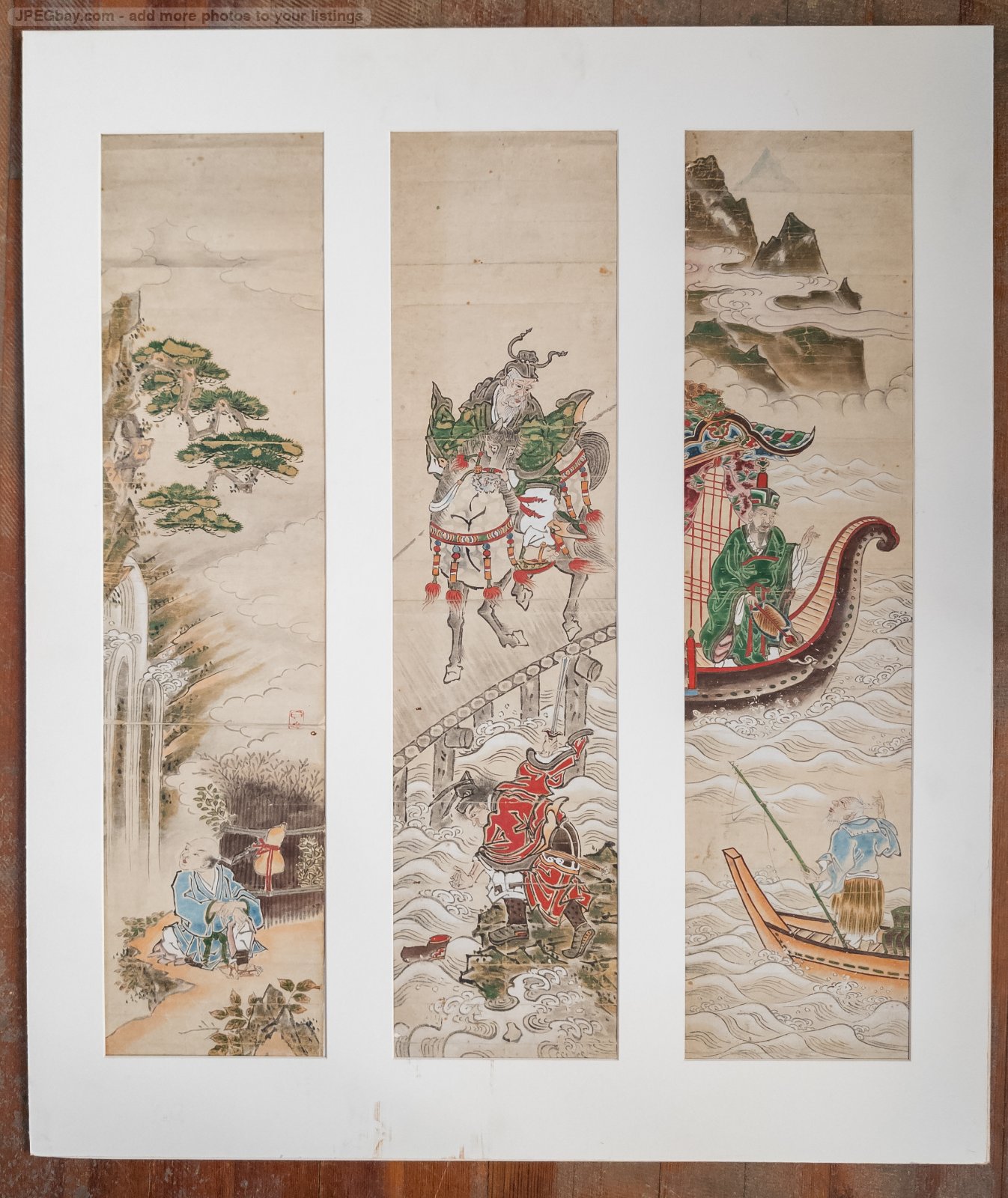 Antique Japanese Watercolor Triptych Painting With Warriors