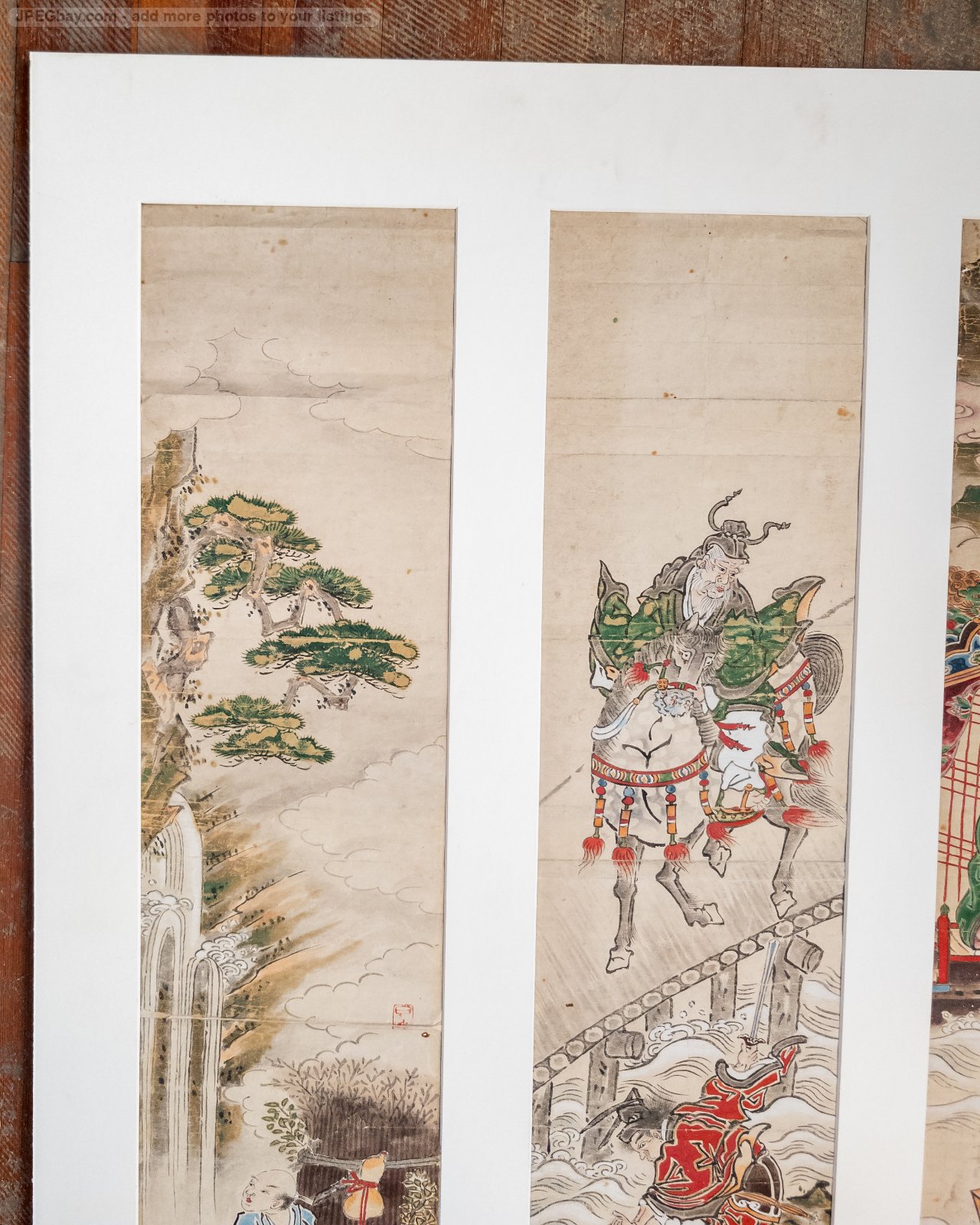 水彩画 トライシクルと僧侶 Antique Japanese Watercolor Triptych Painting With Warriors