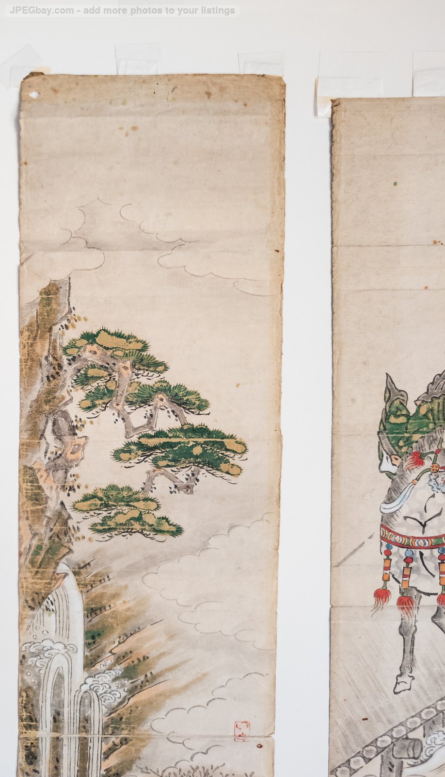 水彩画 トライシクルと僧侶 Antique Japanese Watercolor Triptych Painting With Warriors