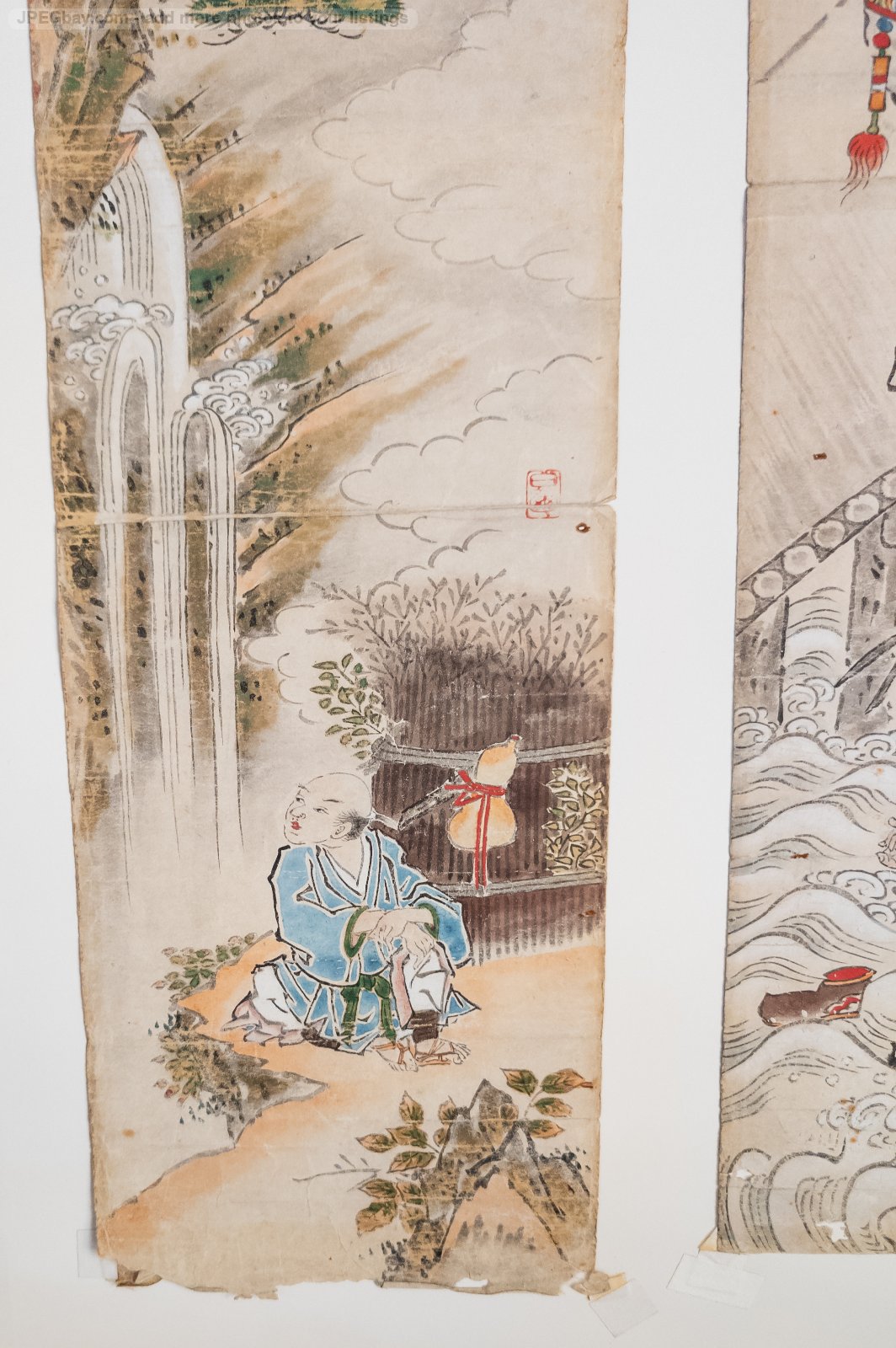 Antique Japanese Watercolor Triptych Painting With Warriors