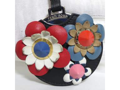 Authentic FENDI Compact Mirror Key Ring Bag Charm Flower Pattern