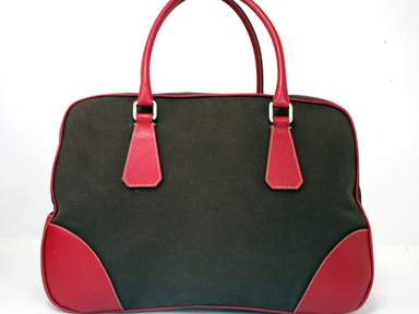 バッグ PRADA CRIMSON STRIPE LEATHER HAND BAG PRADA Red Brown Canvas & Leather Hand Bag Women's Bag Purse Used