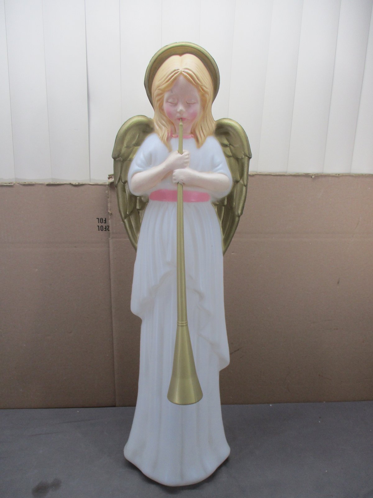 Vtg Angel with Horn & Pink Sash Blonde Hair Lighted Christmas Blow