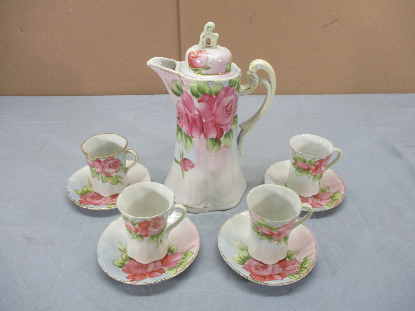 Vtg 10 Pc NIPPON China Hand Painted Rose Coffee Carafe Cup Saucer