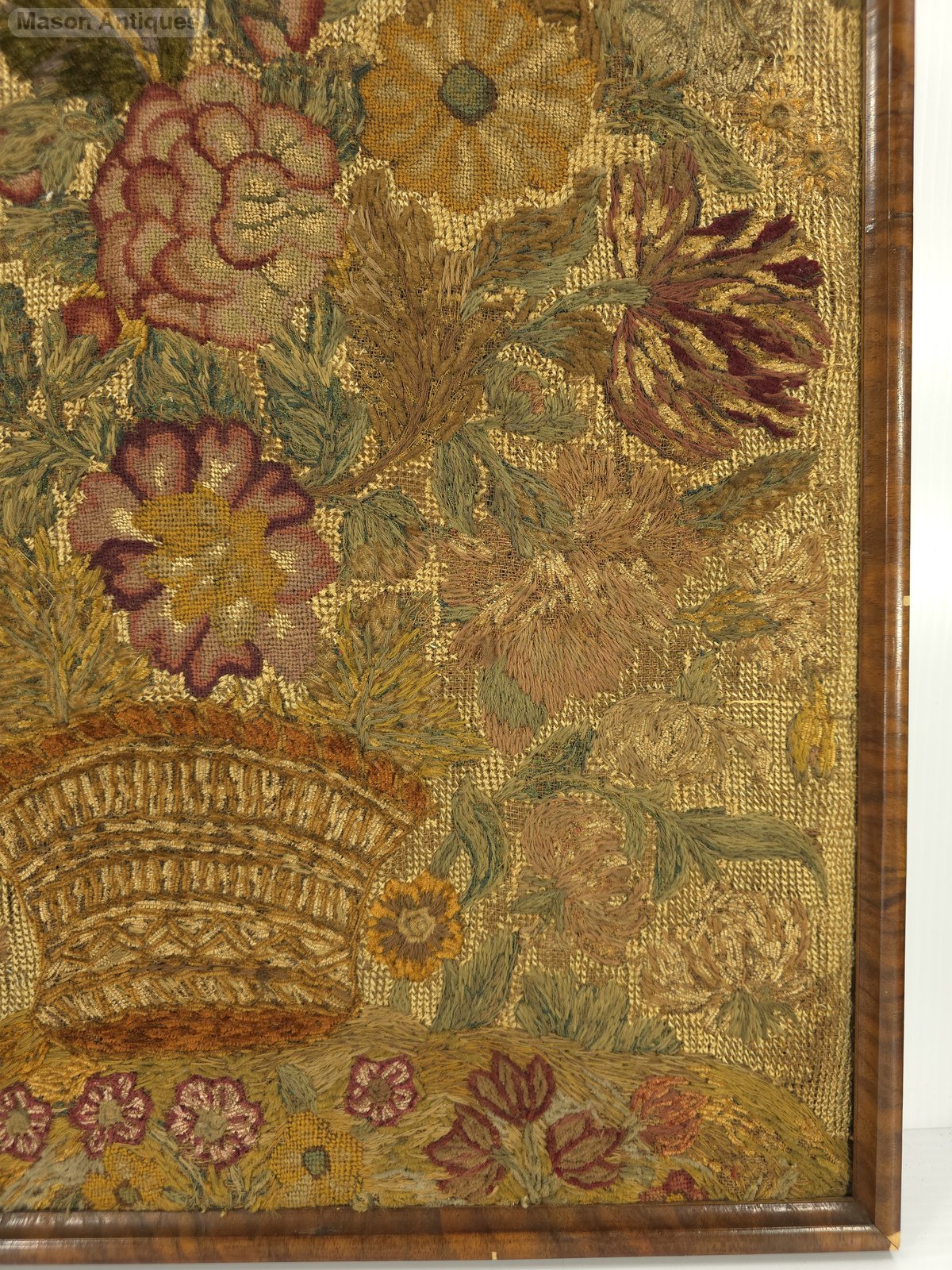 Large Antique 18th c. Needlework Embroidery Flower Basket Design